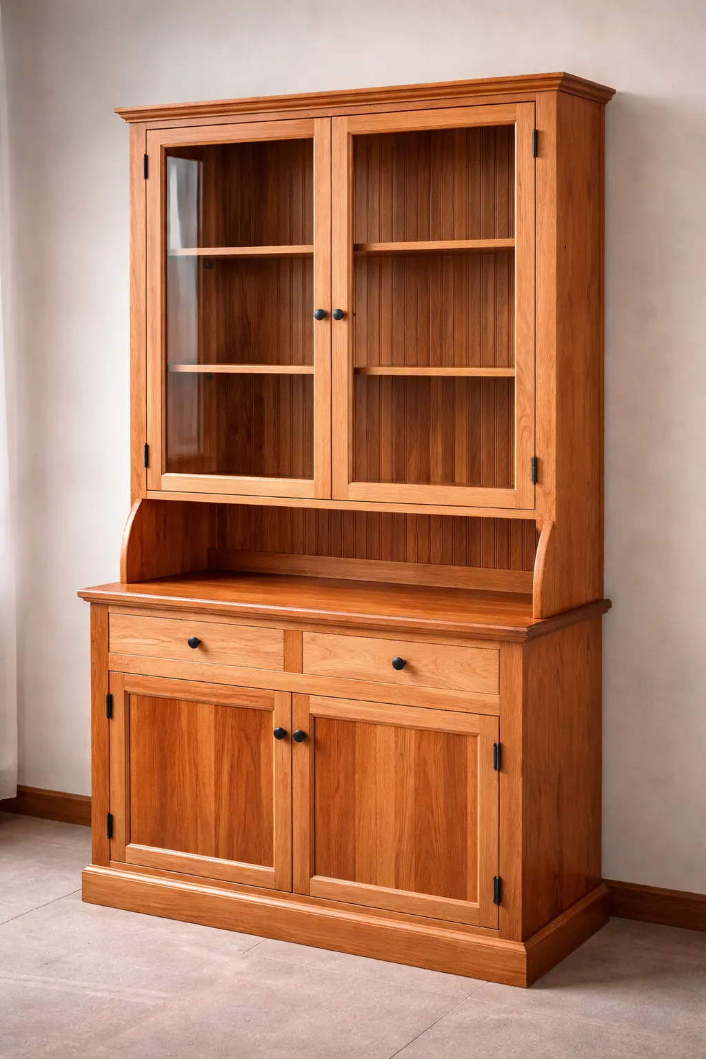 custom solid wood hutch cabinet with upper display shelves and lower storage
