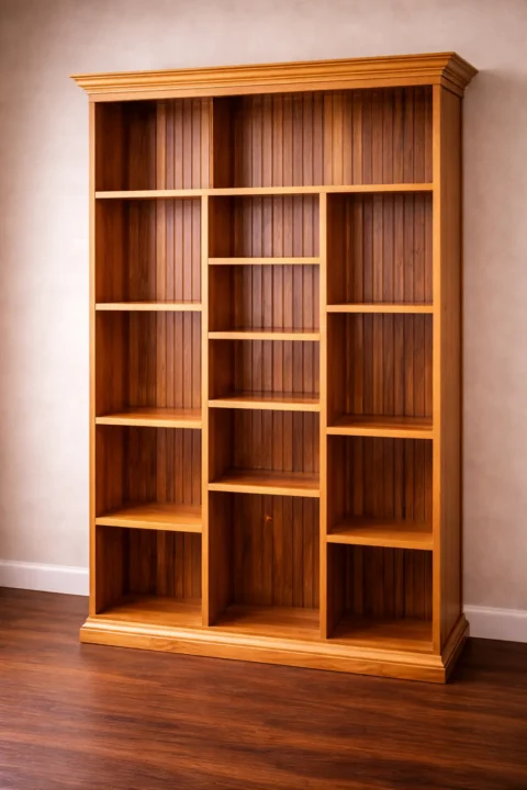 custom solid wood bookshelf with multiple shelves and beadboard back handcrafted from reclaimed lumber
