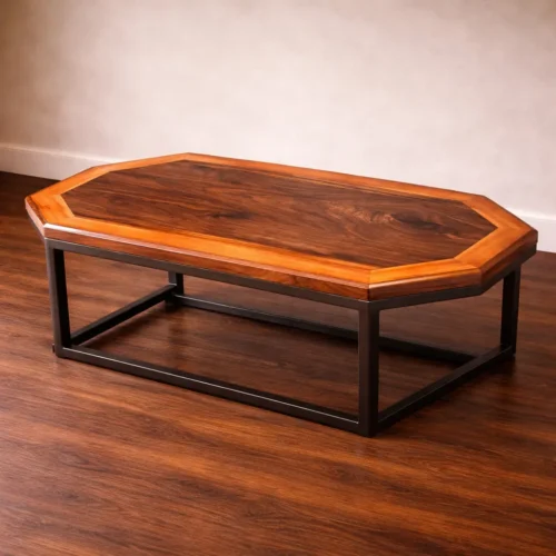 custom solid wood coffee table with live grain top and modern metal base handcrafted from hardwood