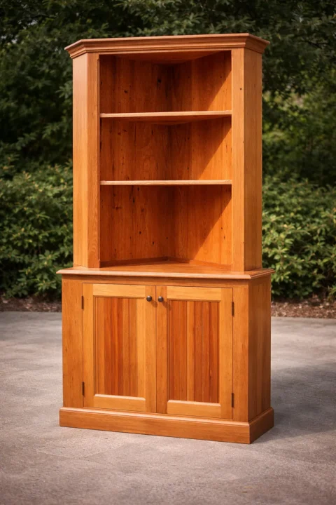 custom solid wood corner cabinet with open shelves and lower storage doors