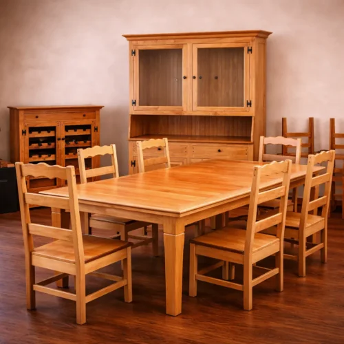 custom solid wood dining room set with table, chairs, and matching hutch handcrafted from reclaimed lumber