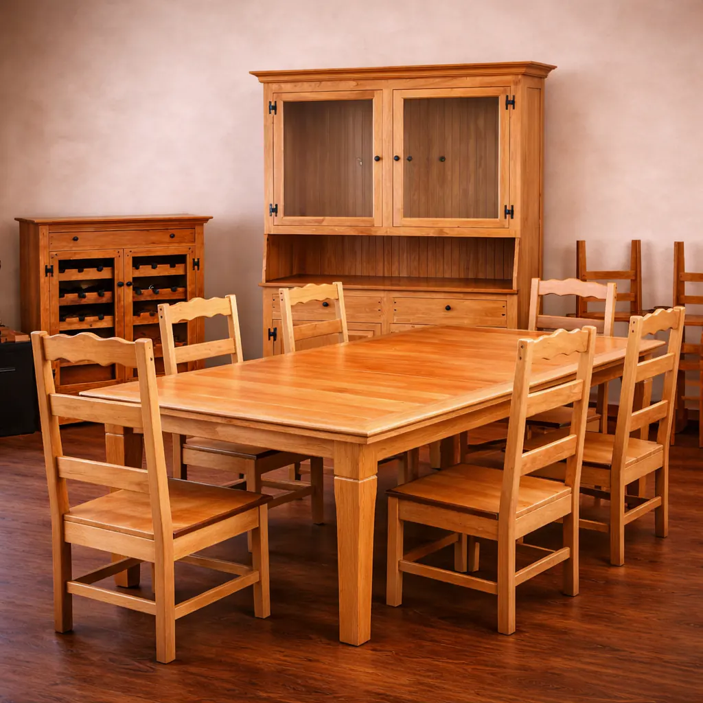 custom solid wood dining room set with table, chairs, and matching hutch handcrafted from reclaimed lumber