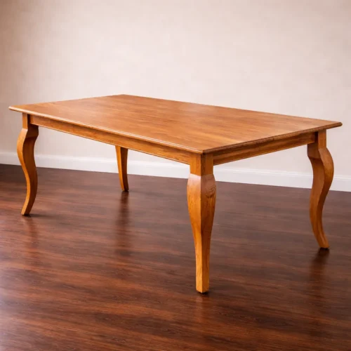 custom solid wood dining table with turned legs handcrafted from reclaimed lumber in a warm dining room