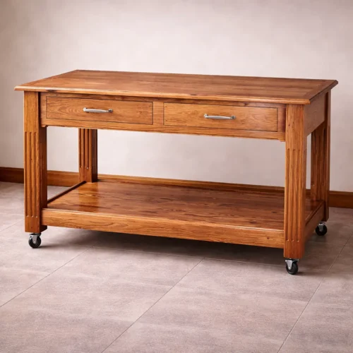 custom solid wood kitchen island on casters with drawers and lower shelf