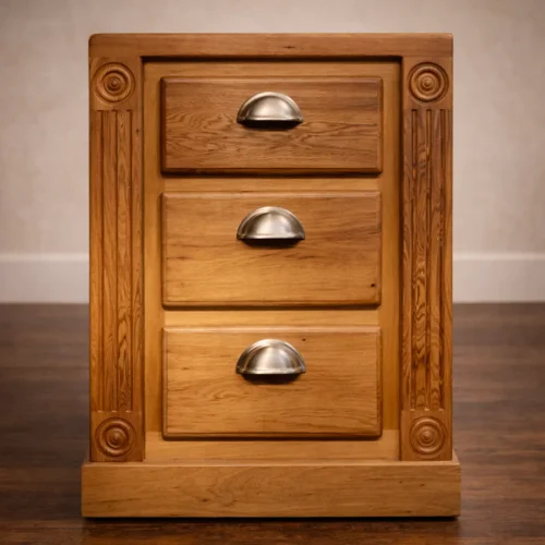 custom solid wood nightstand with three drawers fluted columns and metal cup pulls handcrafted furniture