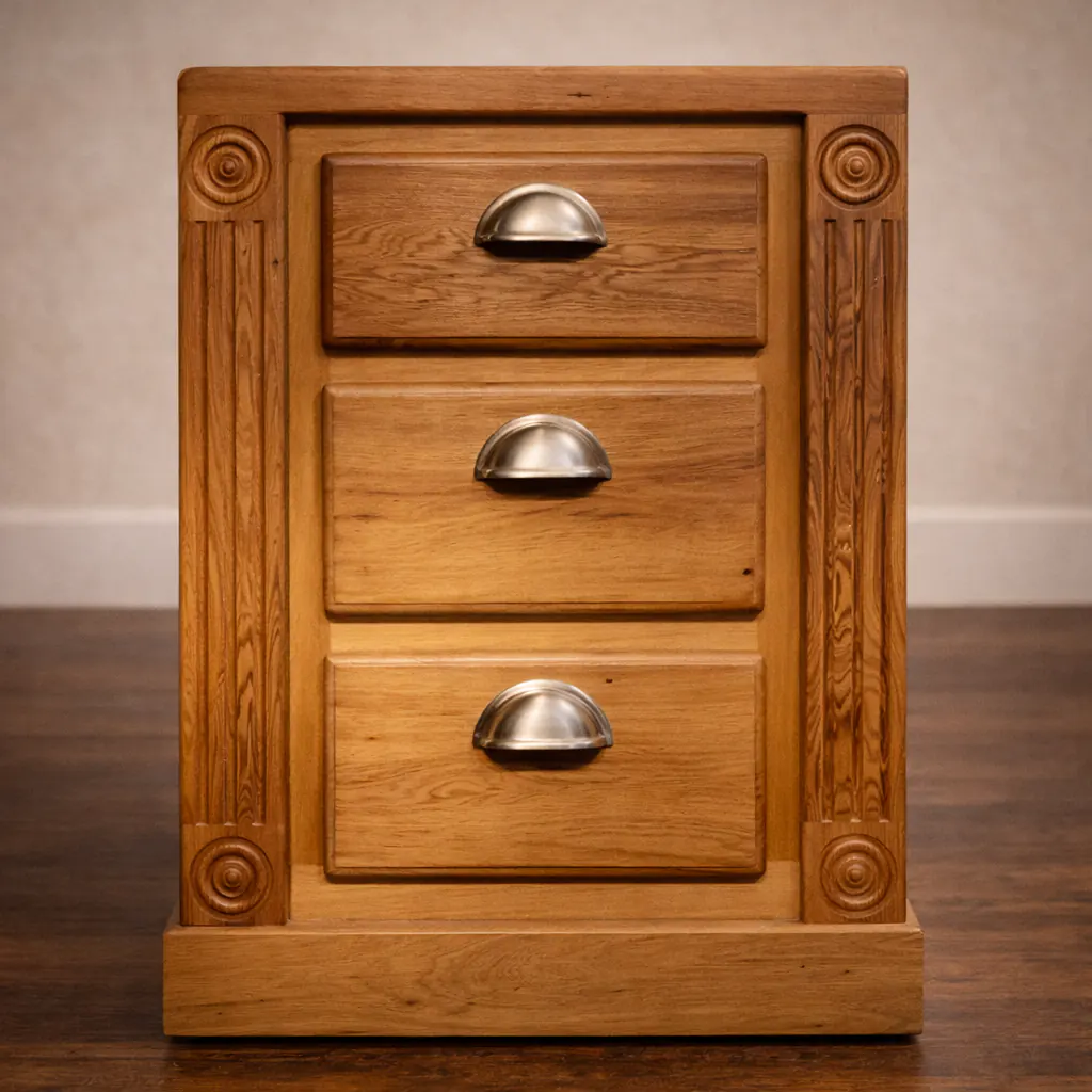 custom solid wood nightstand with three drawers fluted columns and metal cup pulls handcrafted furniture