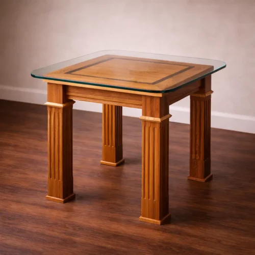 custom solid wood side table with glass top and fluted legs handcrafted from reclaimed lumber