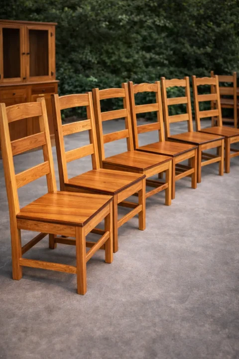 set of handcrafted solid wood dining chairs made from reclaimed lumber with natural grain and warm tones