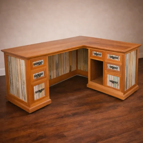 reclaimed wood l shaped desk with multicolor panel drawers and custom hardware handcrafted furniture