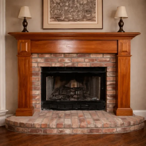 custom wood fireplace mantle installed on brick fireplace with classic column design