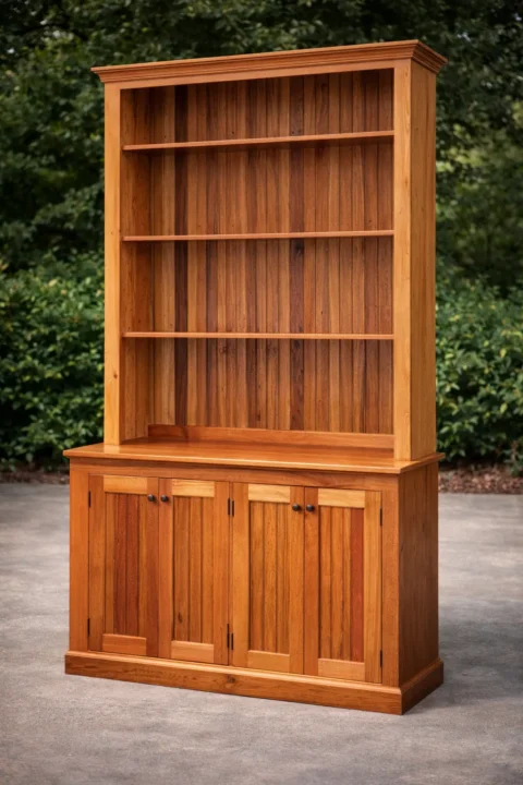 custom solid wood bookcase hutch made from reclaimed lumber with cabinet storage and shelving
