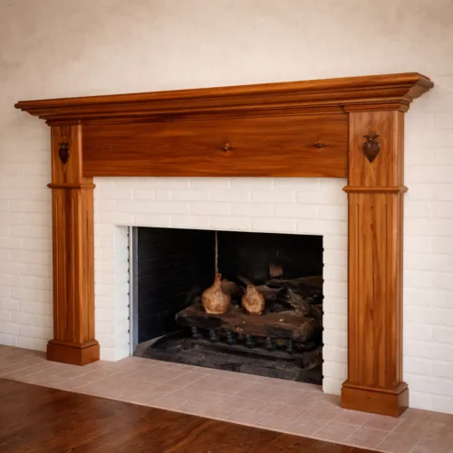 rustic reclaimed wood fireplace mantle with natural knots and solid wood columns installed on white brick fireplace