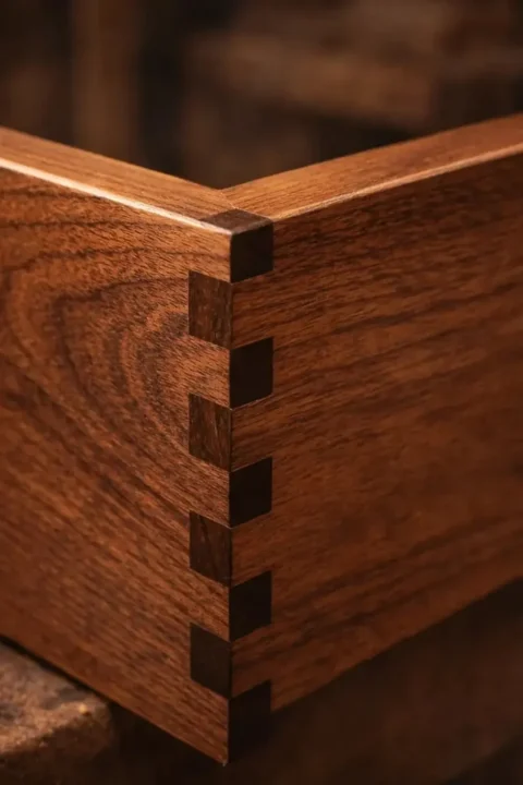 Precision dovetail joinery in walnut drawer built with traditional woodworking techniques.