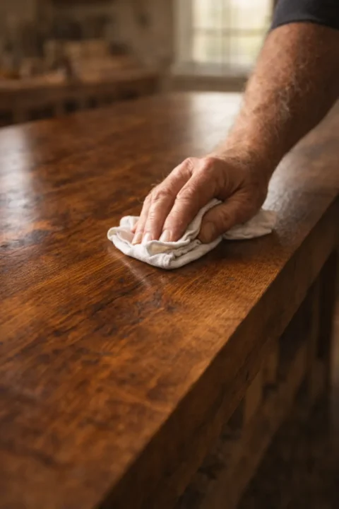 Craftsman woodworking reclaimed hardwood at a traditional workbench in a furniture shop.