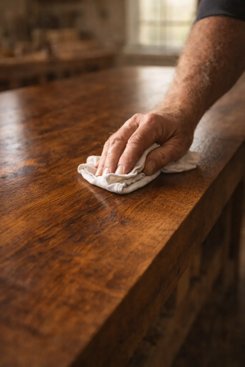 Craftsman woodworking reclaimed hardwood at a traditional workbench in a furniture shop.