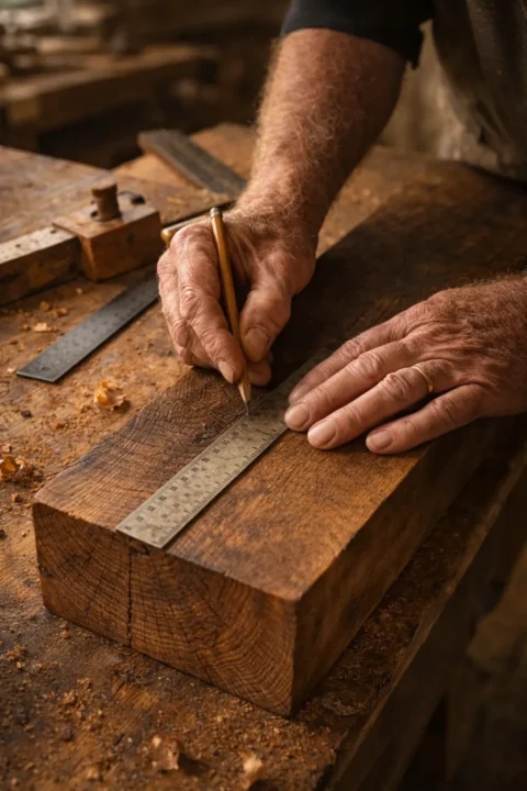Old-growth wood block showing hundreds of growth rings from historic reclaimed lumber used in Cliff Craft heirloom furniture.