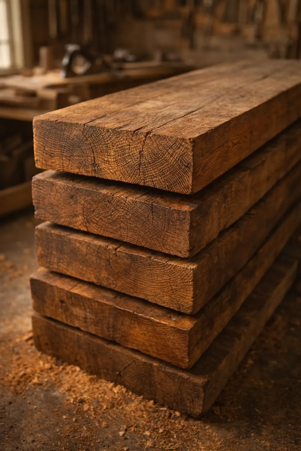 Stack of reclaimed old-growth hardwood boards used for building custom heirloom furniture.