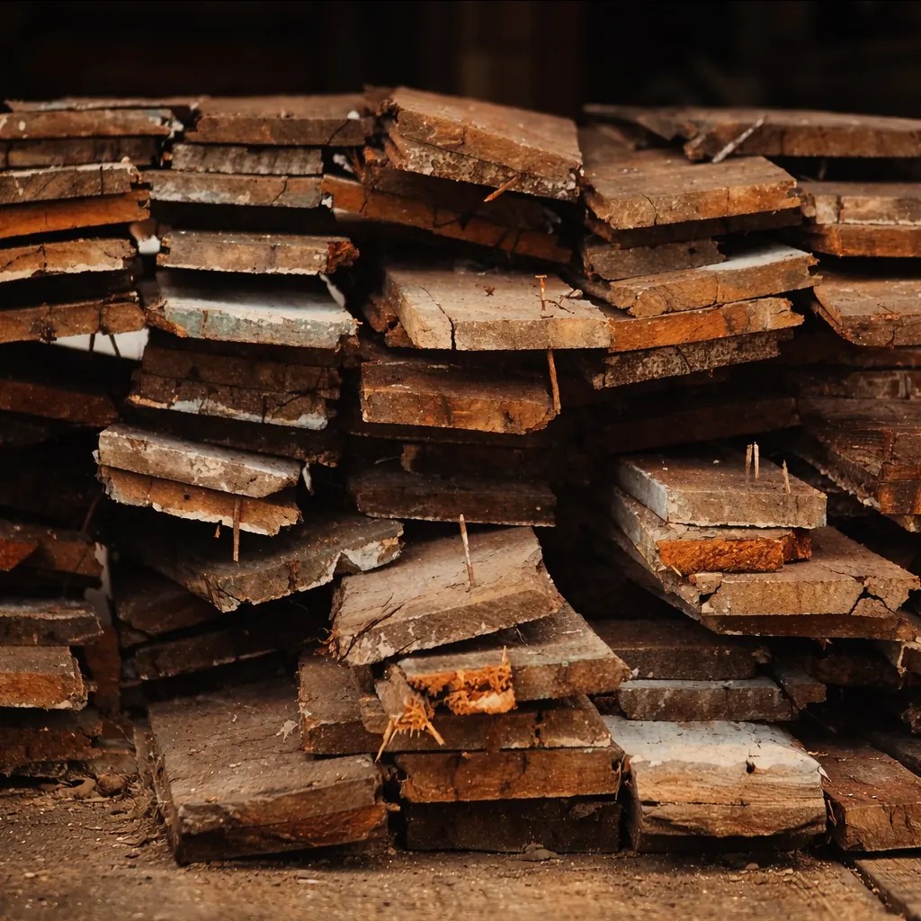 Stacked reclaimed old-growth lumber boards with visible aged edges and historic nail marks in woodworking shop