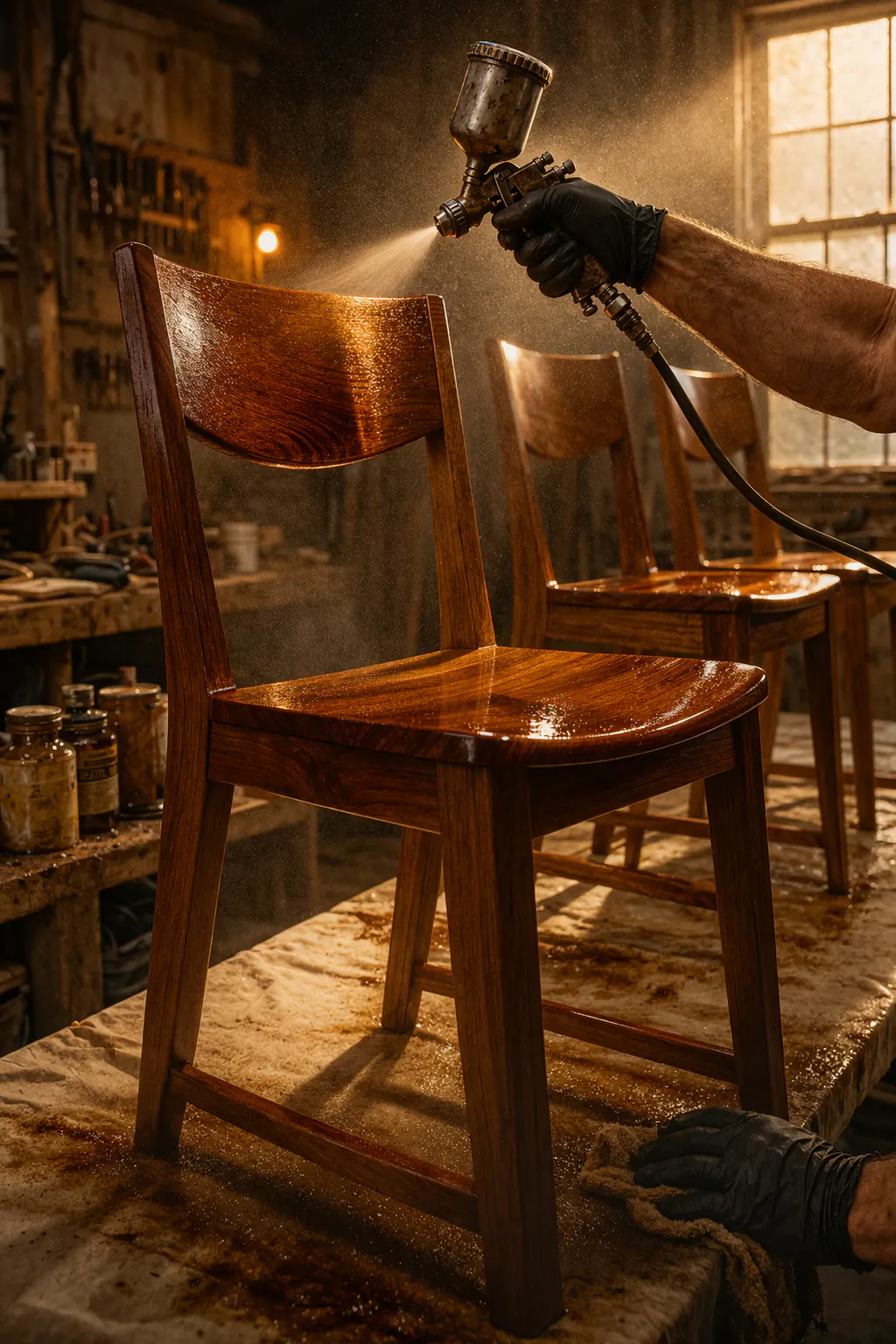 Custom furniture finishing process in Ponchatoula — clear coat application on heirloom chair at Cliff Craft Louisiana