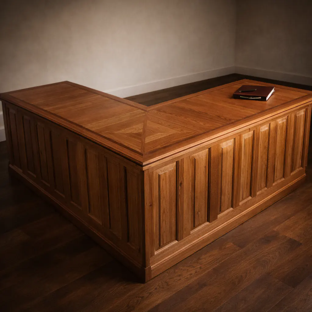 custom built reclaimed wood desk with paneled sides and detailed joinery in warm hardwood