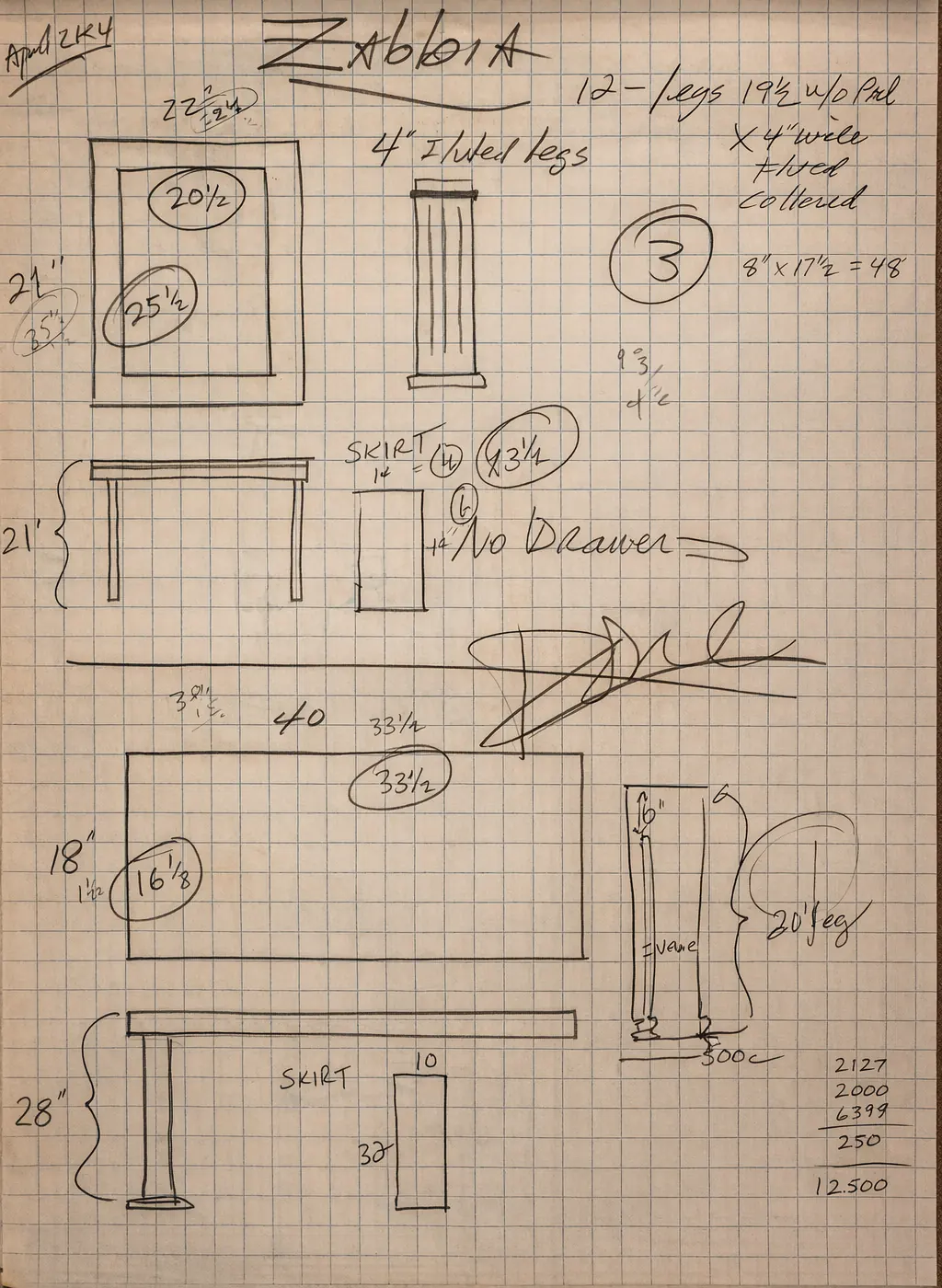 Hand-drawn furniture design sketches on graph paper by Cliff Trahan — Cliff Craft Furniture, Ponchatoula Louisiana