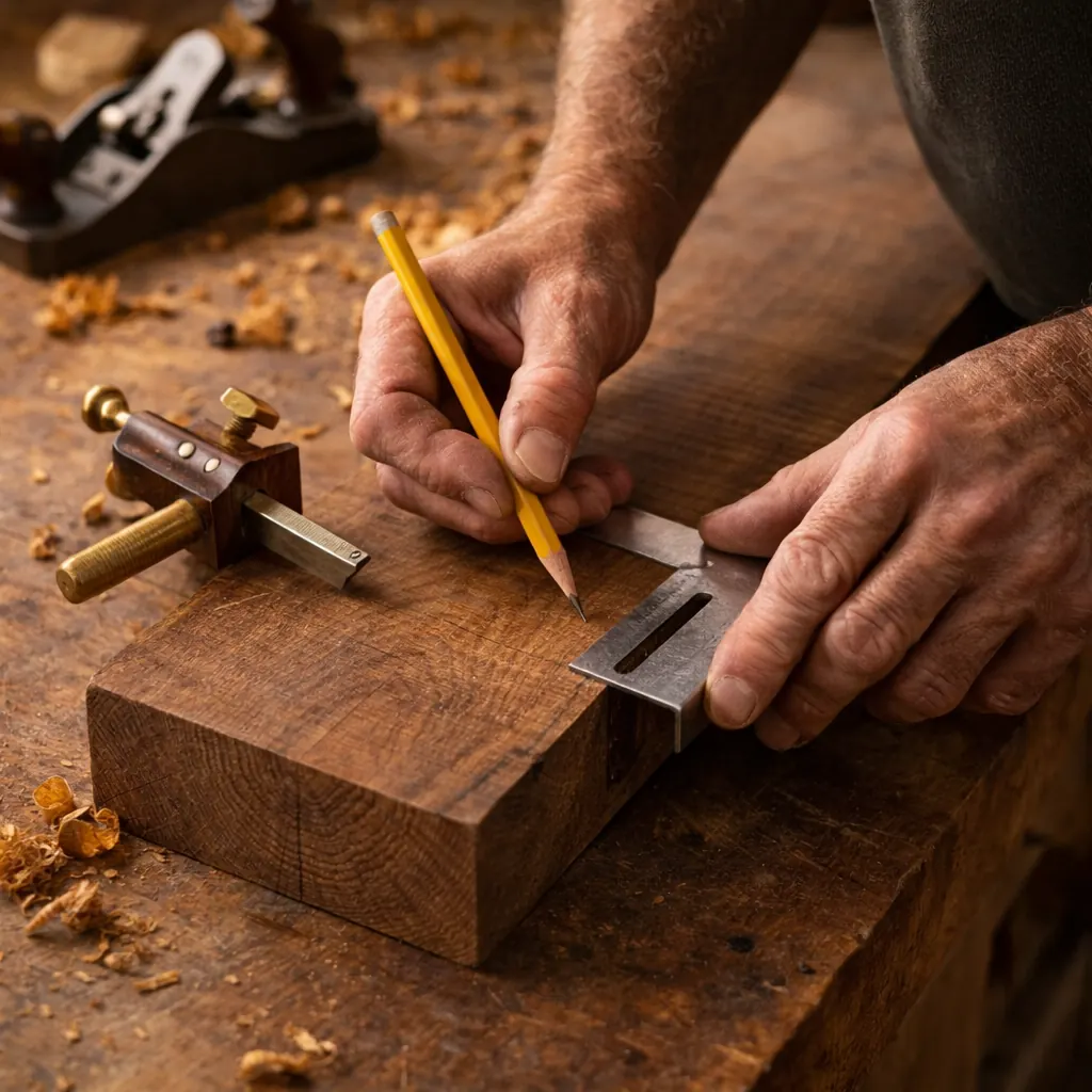master craftsman measuring reclaimed hardwood plank workbench