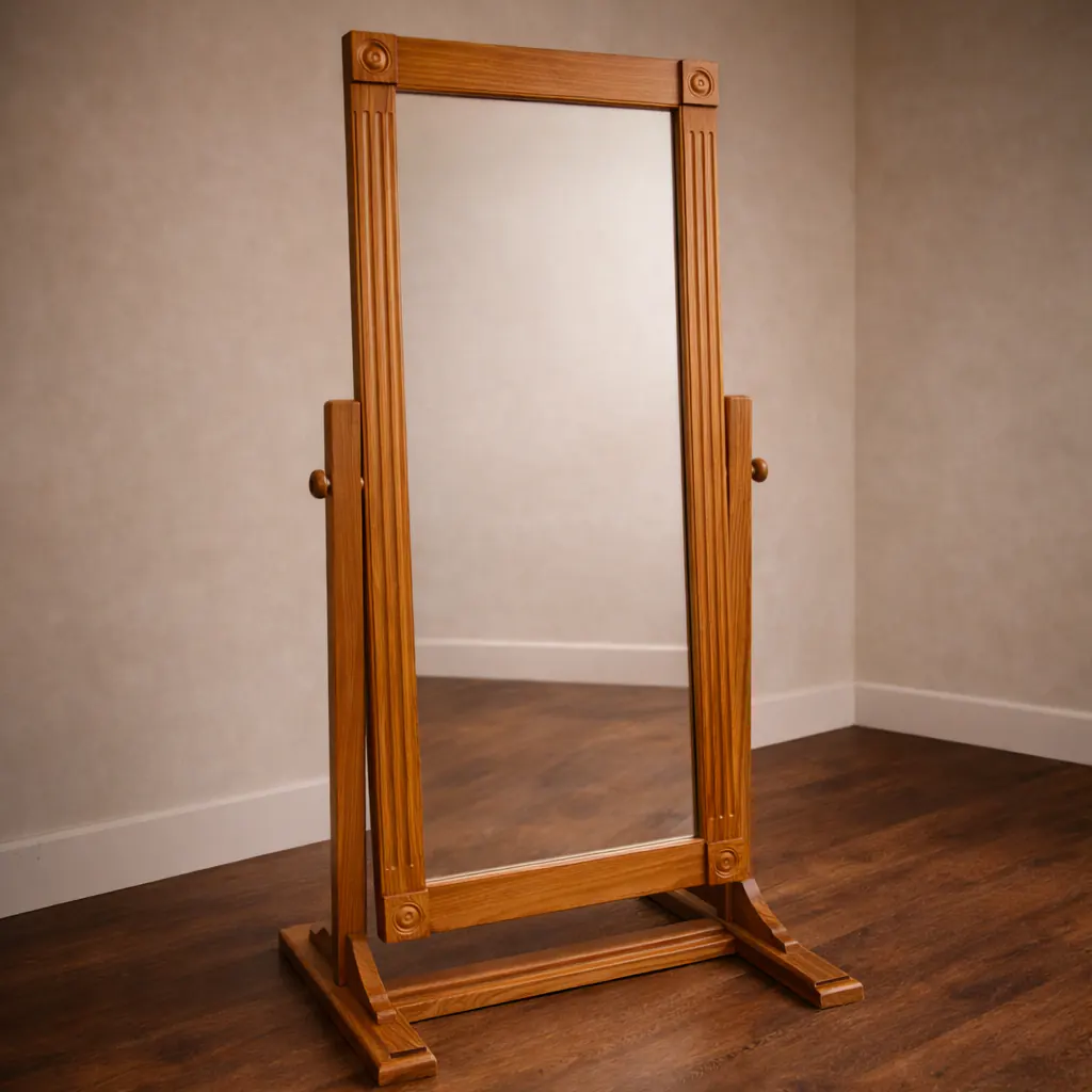 full length mirror handcrafted from reclaimed old growth wood with fluted columns and freestanding base
