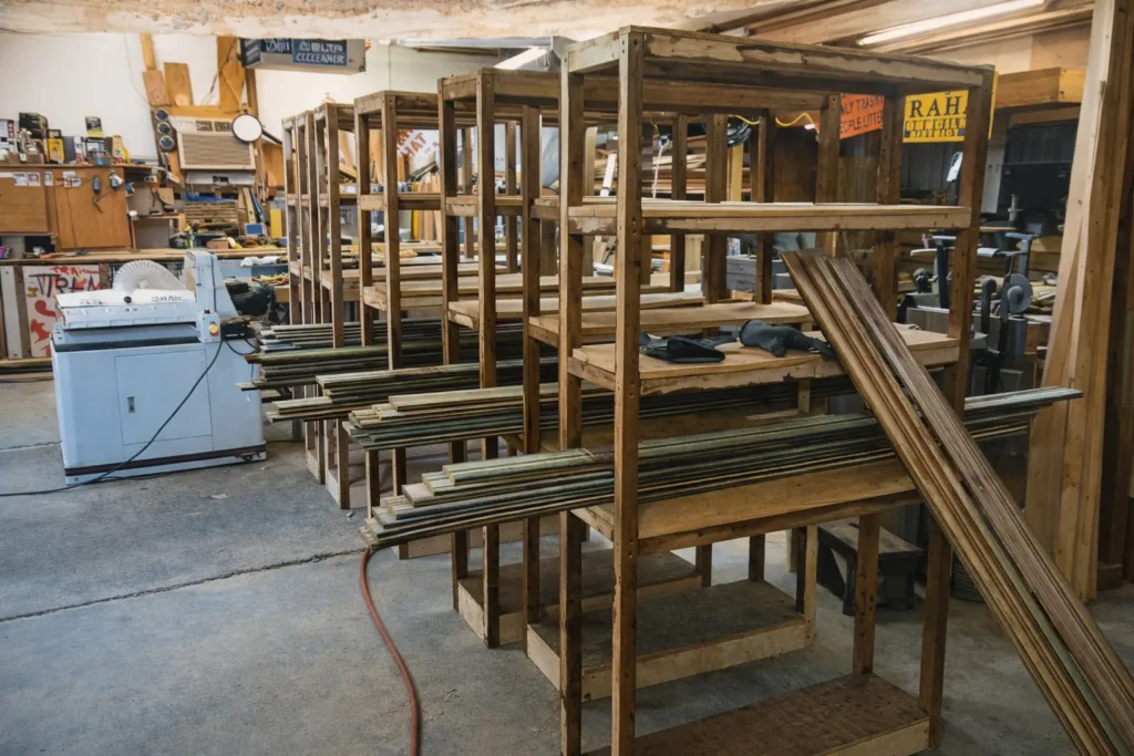 reclaimed wood boards stacked in woodworking shop with shelving and equipment in background