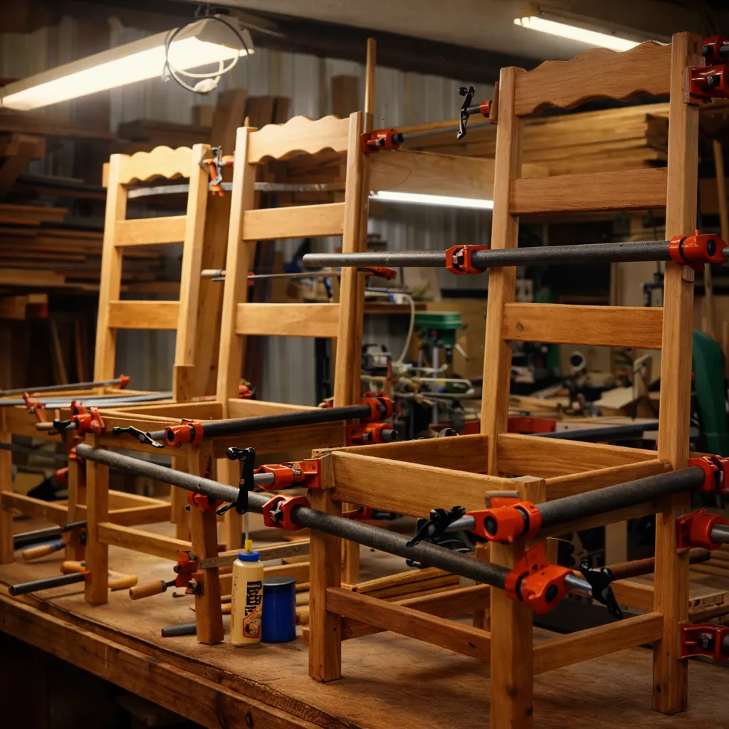 Handcrafted ladder back chairs being built in CliffCraft Furniture woodworking shop