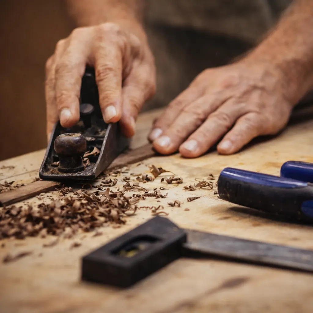 Woodworker using a hand plane shaping hardwood in CliffCraft Furniture workshop