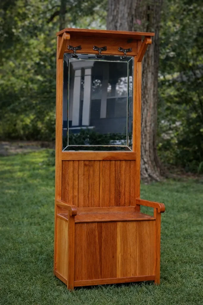 Handcrafted reclaimed cypress hall tree bench with mirror by CliffCraft Furniture in Ponchatoula Louisiana