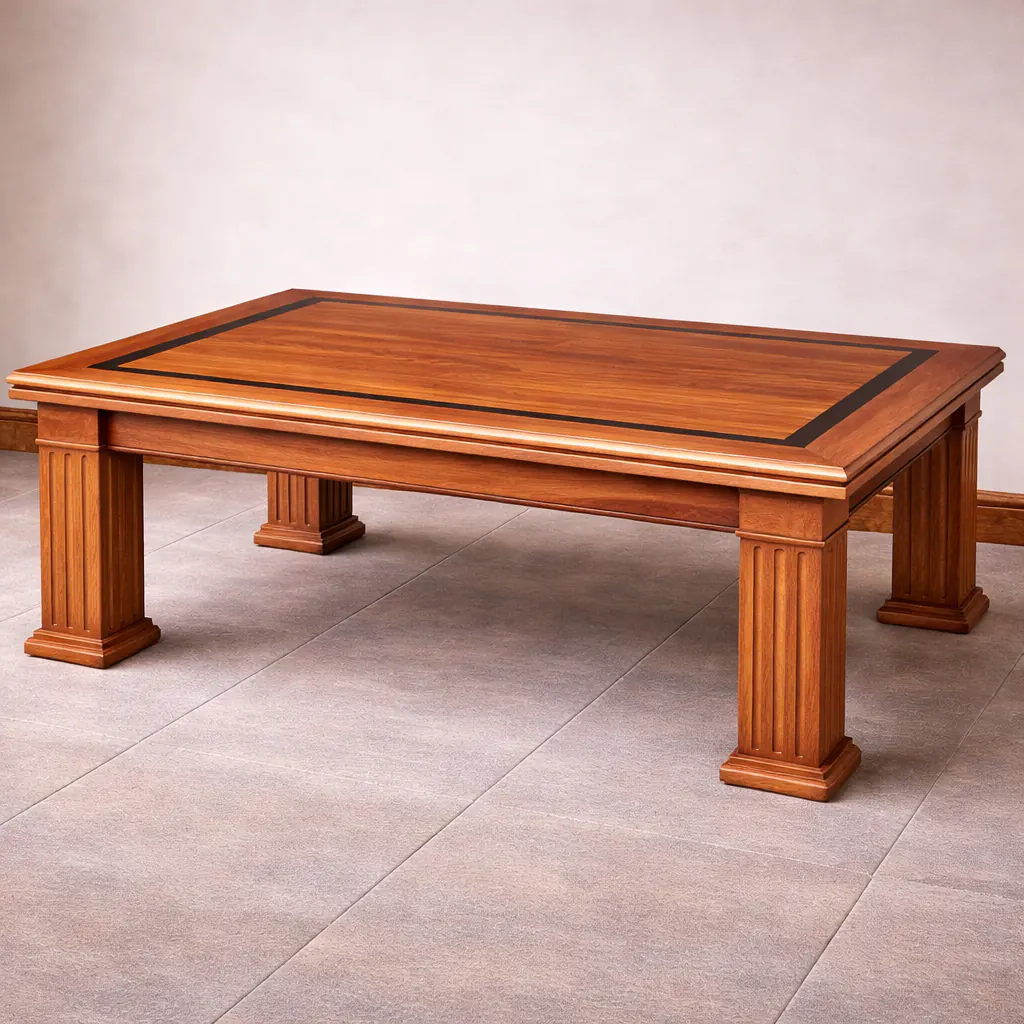custom solid wood coffee table with decorative column legs and inlay top