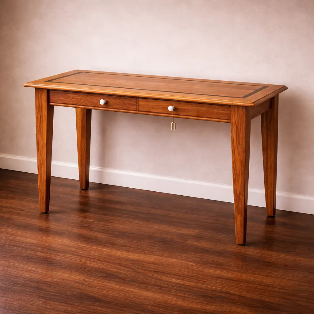 custom solid wood sofa table with drawer handcrafted from reclaimed lumber on dark hardwood floors