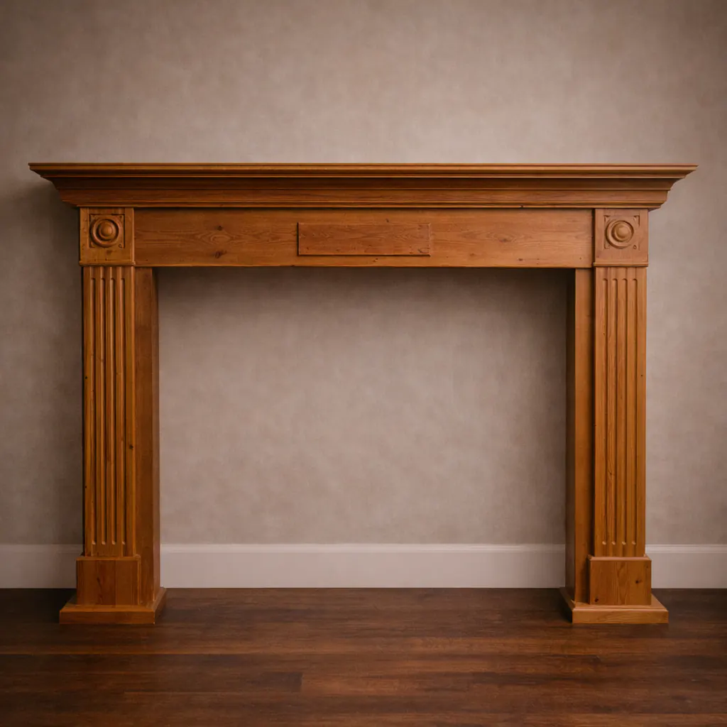reclaimed wood fireplace mantle with fluted columns and rosette details handcrafted from old growth lumber