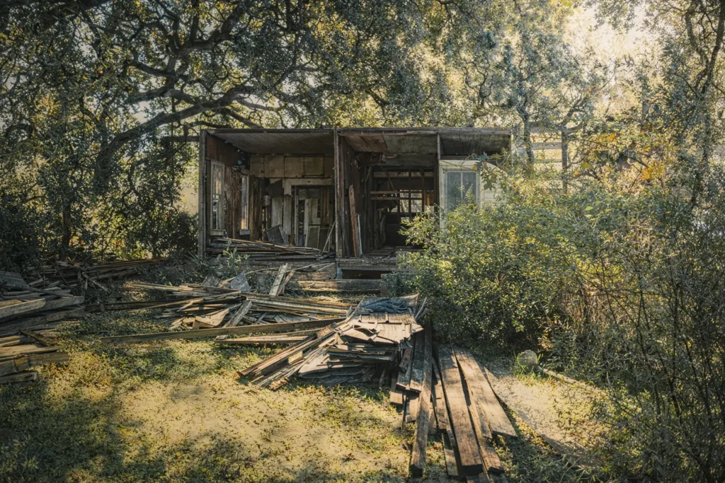 old wooden building being dismantled with reclaimed lumber stacked outside under trees