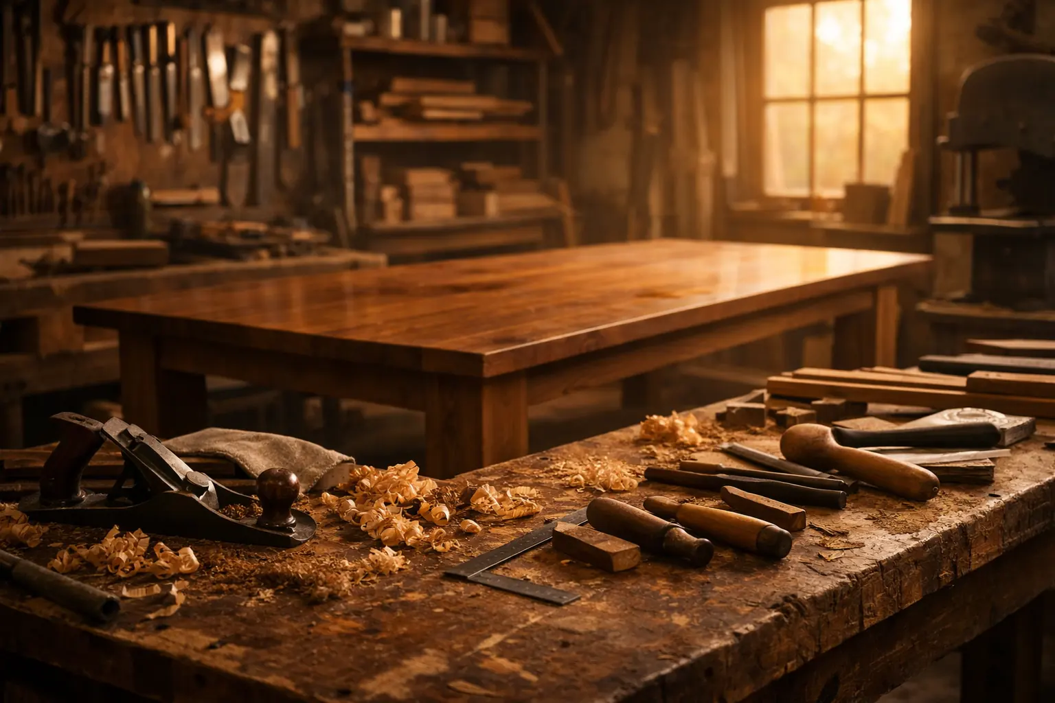 Warm, sunlit woodworking shop with a handcrafted solid wood dining table in progress, surrounded by traditional hand tools and wood shavings on a worn workbench
