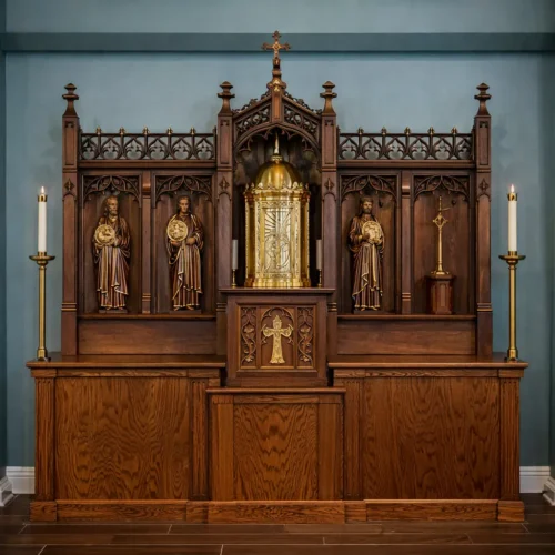 Custom heirloom altar built from reclaimed old-growth hardwood with Gothic detailing and carved figures