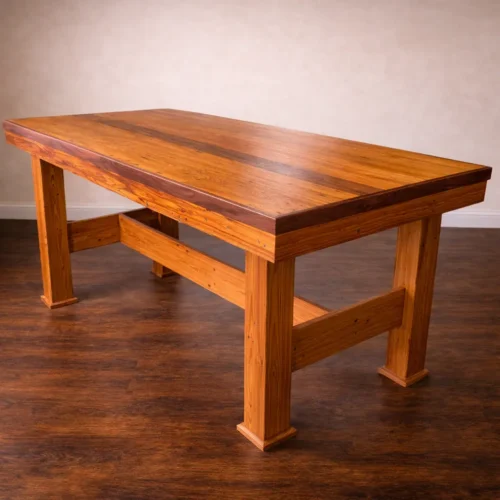 custom reclaimed wood work table with thick plank top and trestle base in woodworking shop