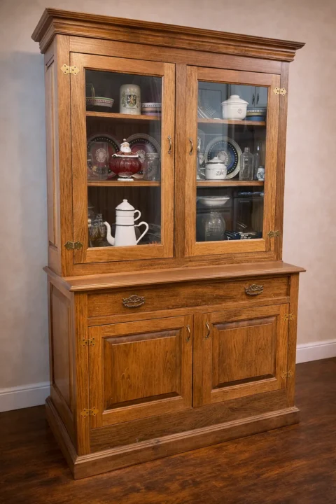 Custom solid wood china cabinet Ponchatoula LA made from reclaimed hardwood with glass display doors and lower storage