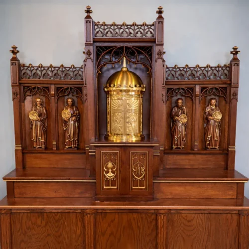 Custom solid wood church altar with tabernacle Ponchatoula LA handcrafted from reclaimed hardwood with gothic detailing