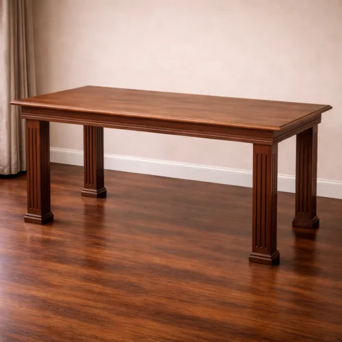 custom solid wood desk with fluted legs handcrafted from reclaimed hardwood in a warm interior setting