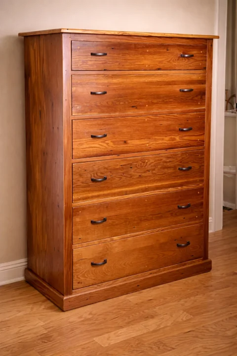 Custom solid wood tall dresser Ponchatoula LA handcrafted from reclaimed pine with five drawer vertical chest design