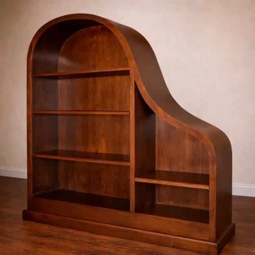 repurposed piano transformed into custom wood bookshelf with curved side and built in shelving