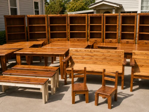 Custom handcrafted wood furniture collection by Cliff Craft featuring bookcases, farmhouse tables, benches, and solid wood seating