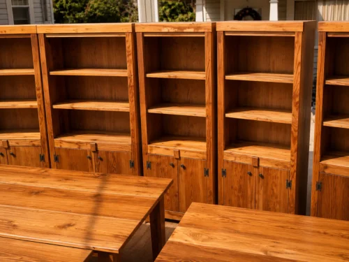 Custom solid wood bookcases and handcrafted tables by Cliff Craft displayed in an outdoor furniture collection
