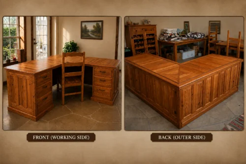 Custom rustic L-shaped wooden desk showing front working side and back outer side views